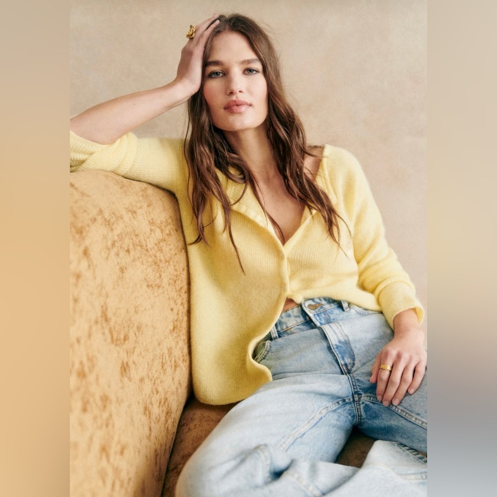 Sézane Pale Yellow V-Neck Button Cardigan